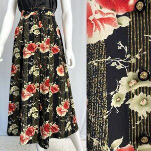 Vintage 90s gothic rose button-through midi skirt black medium